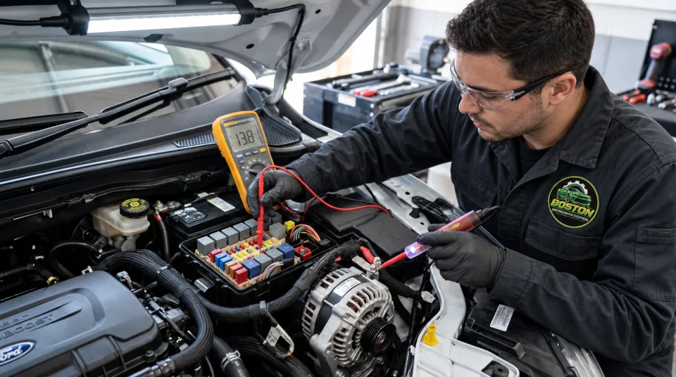 Boston Auto mechanic testing a vehicle’s electrical system