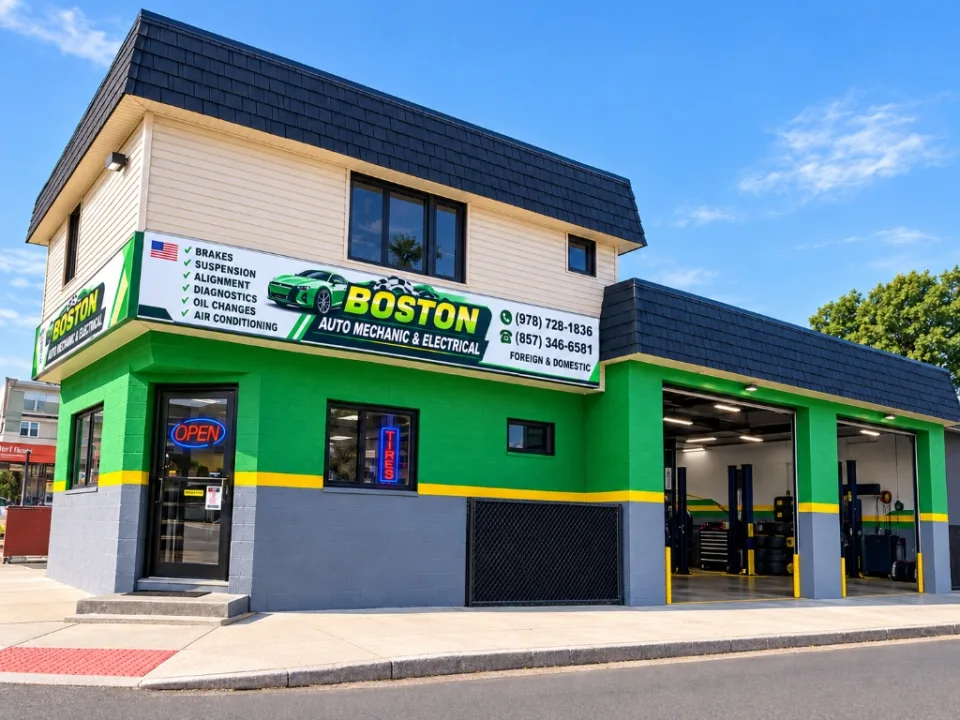 Boston Auto storefront and open repair bays in Everett